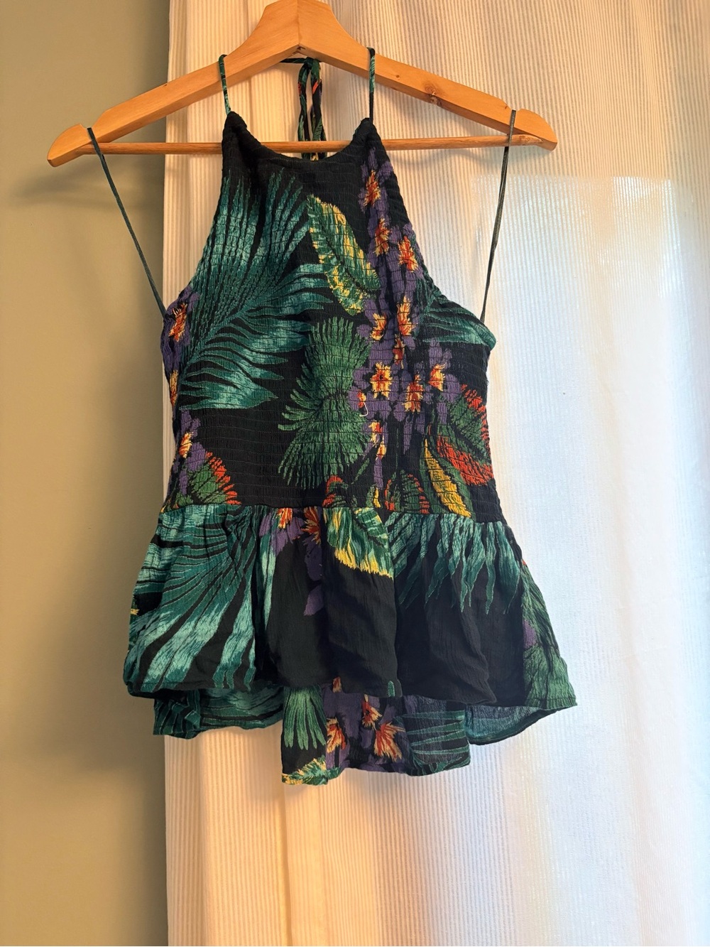 Patrons of Peace Black Tropical Halter Peplum Camisole with Teal & Purple Print